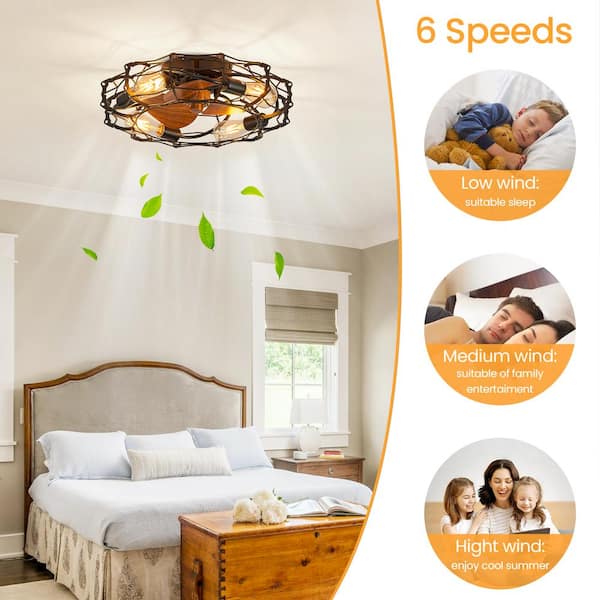 20 in. Indoor Black 4-Light Farmhouse Low Profile Ceiling Fan with Light Flush Mount Ceiling Fan with Remote Wood Blades