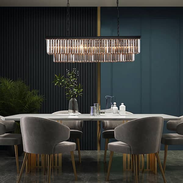 47 in. 8-Light Black and Smoke Crystal Chandelier Modern Dining Room Pendant Lighting