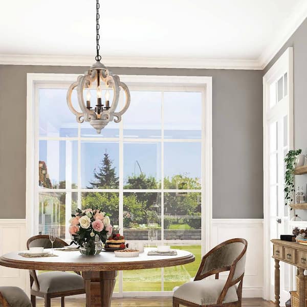 Globe Wood Chandelier Washed Gray Round Pendant 3-Light Farmhouse Candlestick Chandelier Rustic Hanging Lantern