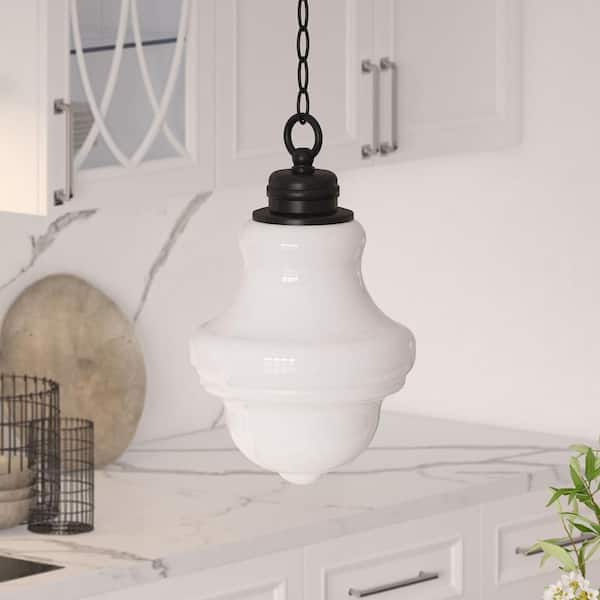 Annie 1-Light Blackened Bronze Pendant with White Milk Glass Shade