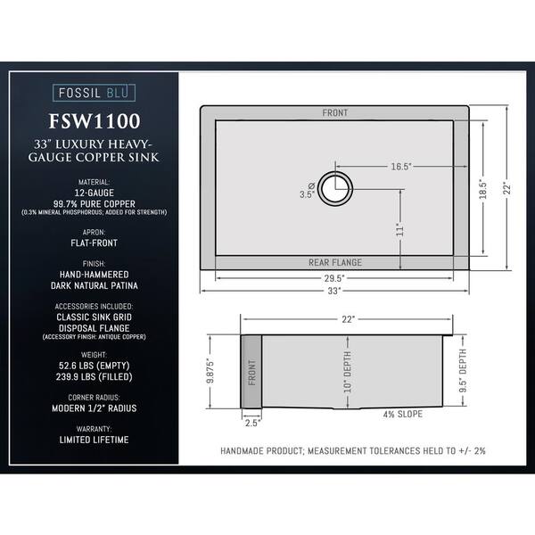 Luxury Dark Patina 12-Gauge Copper 33 in. Single Bowl Farmhouse Apron Kitchen Sink with Accs and Flat Front