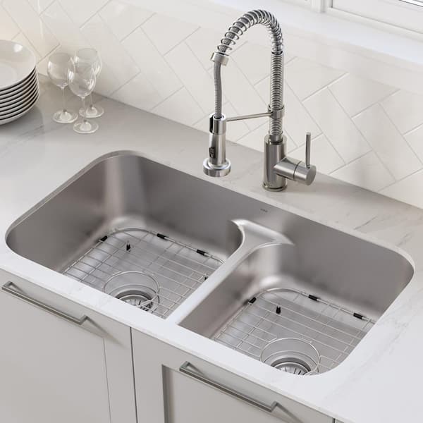Premier Stainless Steel 16 Gauge 32 in. Double Bowl Undermount Kitchen Sink