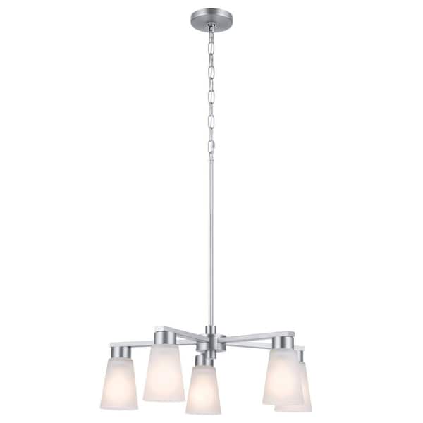 Stamos 24 in. 5-Light Brushed Nickel Modern Shaded Circle Dining Room Chandelier with Satin Etched Glass Shades