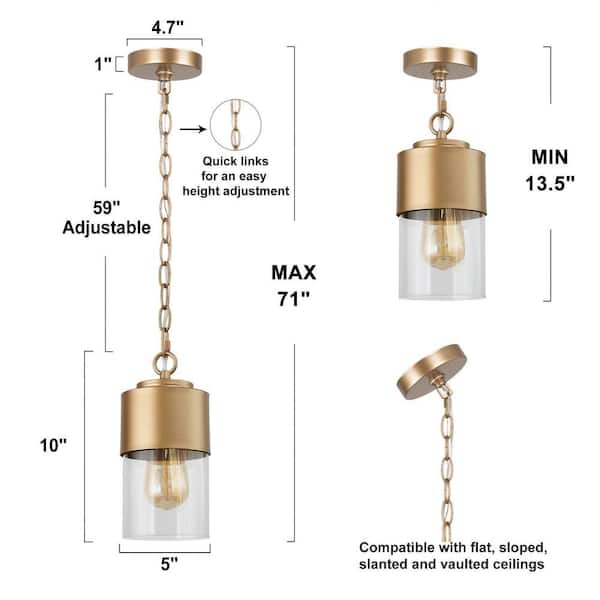 Mid-Century Cylinder Kitchen Island Hanging Pendant Light 1-Light Brass Gold Modern Pendant Light with Clear Glass Shade