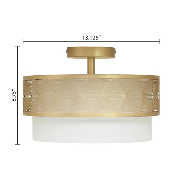 Sloane 13.125 in. Dual-Light Gold-Tone Semi-Flush Mount with White Fabric Drum Shade