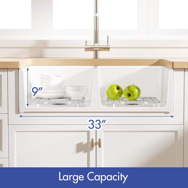 Brooklyn Crisp White Fireclay 33 in. Double Bowl Farmhouse Apron Kitchen Sink with Bottom Grid