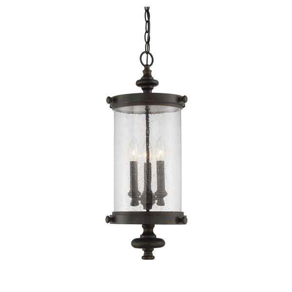 Palmer 9 in. W x 25 in. H 3-Light Walnut Patina Outdoor Hanging Lantern with Clear Seeded Glass Shade