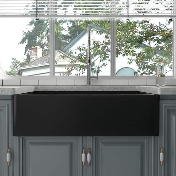 Black Fireclay 36 in. Single Bowl Farmhouse Apron Kitchen Sink with Bottom Grid and Basket Strainer