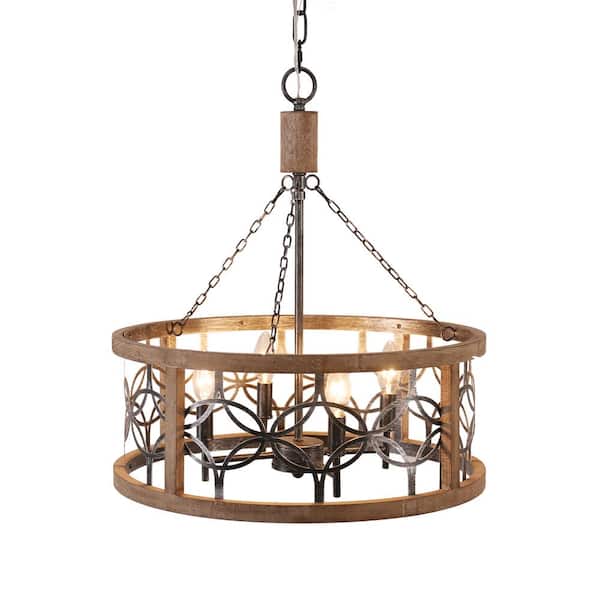 Bloomfield French Country Farmhouse 4-Light Weathered Wood Drum Rustic Chandelier