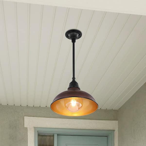 Jasper 12.25 in. 1-Light Wood Finish/Copper Farmhouse Industrial Indoor/Outdoor Iron LED Pendant