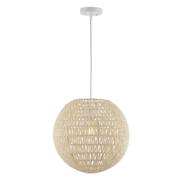 Luna 15.75 in. 1-Light Cream Bohemian Modern Woven Rattan/Iron LED Pendant, White