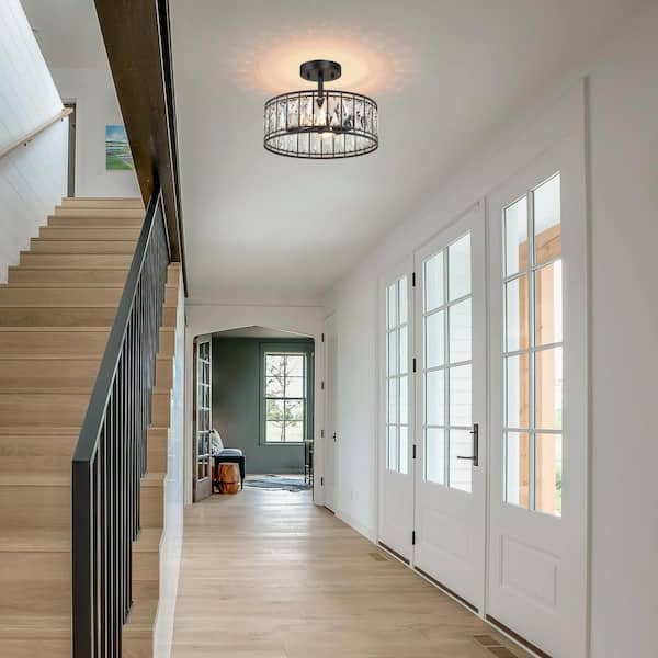 12.5 in. 2-Light Industrial Modern Black Drum Semi Flush Mount Light with Crystal Glass Shade