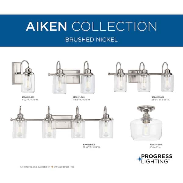 Aiken Collection 1-Light Brushed Nickel Clear Glass Farmhouse Flush Mount Light