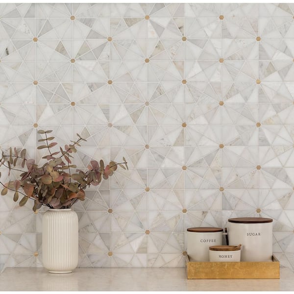 Elegante White Pinweheel 12 in. x 11 in. x 8mm Stone Metal Mesh-Mounted Mosaic Tile (1 sq. ft. / Each)