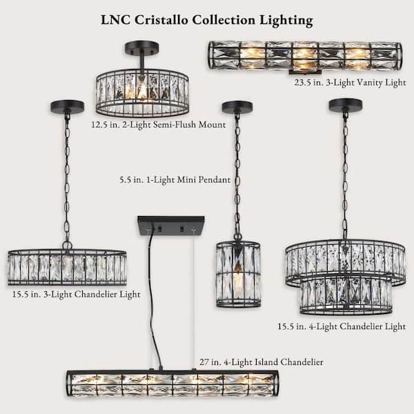 12.5 in. 2-Light Industrial Modern Black Drum Semi Flush Mount Light with Crystal Glass Shade