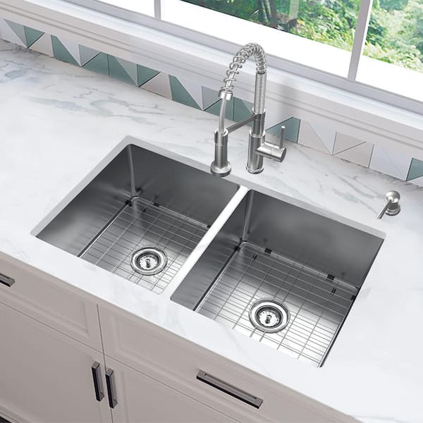 Tight Radius Undermount 18G Stainless Steel 31 in. 50/50 Double Bowl Kitchen Sink with Accessories