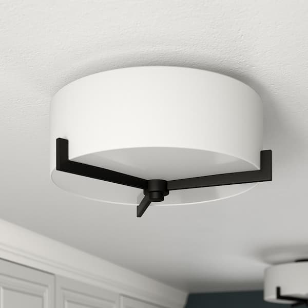 Hamlin 17.63 in. 2-Light Blackened Bronze and White Semi Flush Mount with Fabric Shade