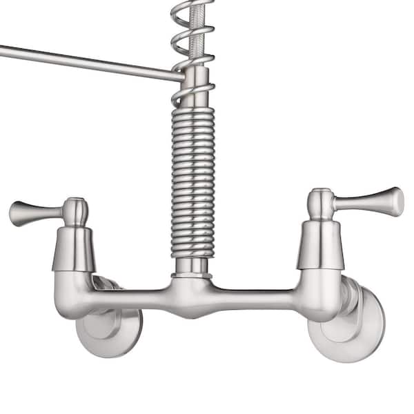 2-Handle Wall-Mount Pull-Down Sprayer Kitchen Faucet in Stainless Steel
