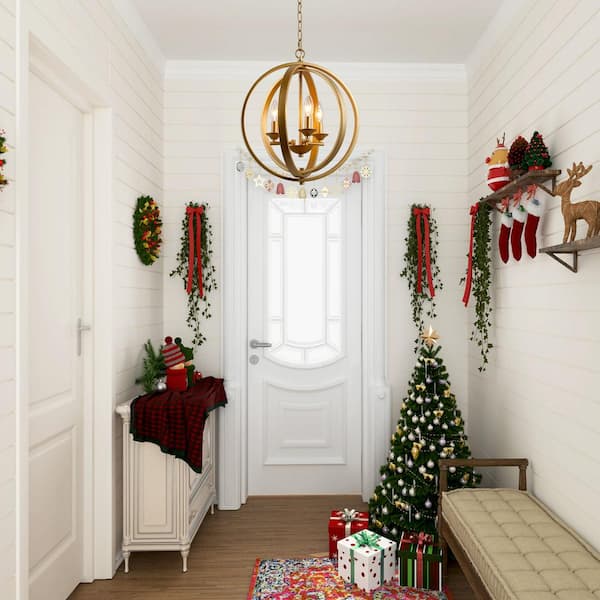 Modern Chandelier Pendant Light 3-Light Gold Globe Cage Dining Room Chandelier