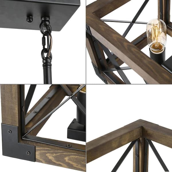 Wood Kitchen Chandelier 5-Light Linear Farmhouse Black Island Dining Room Chandelier Pendant with Rustic Rectangle Frame