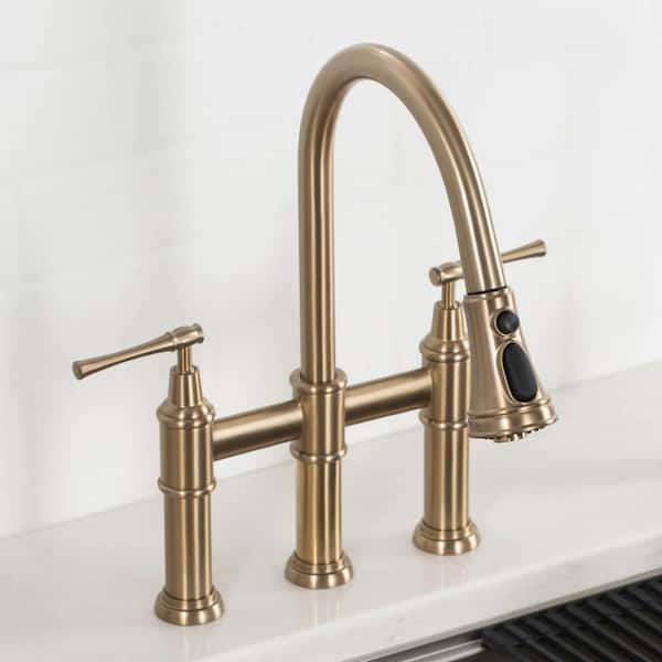 Allyn Double Handle Transitional Bridge Kitchen Faucet with Pull-Down Sprayhead in Brushed Gold