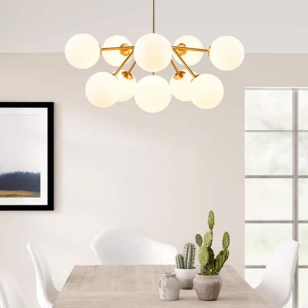 10-Light Vintage Gold Linear Sputnik Chandelier with Round Opaline Shades