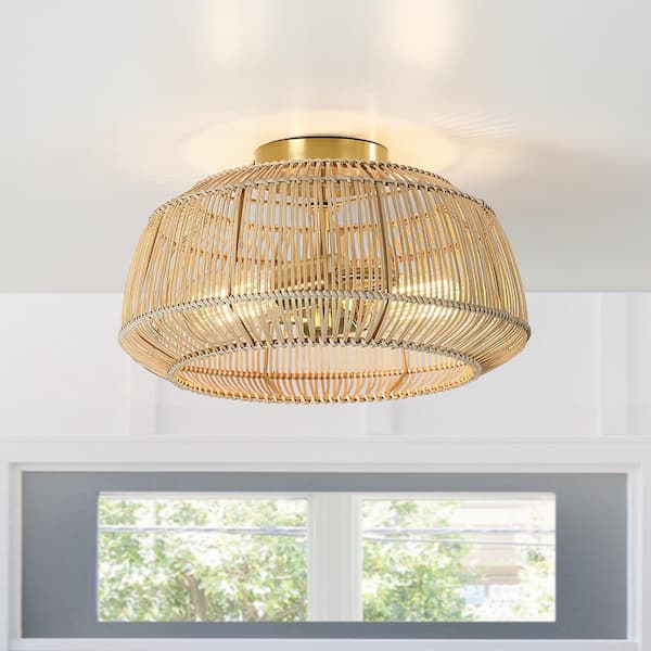 Rhett 14 in. 2-Light Brass Bohemian Rattan Semi-Flush Mount Ceiling Light