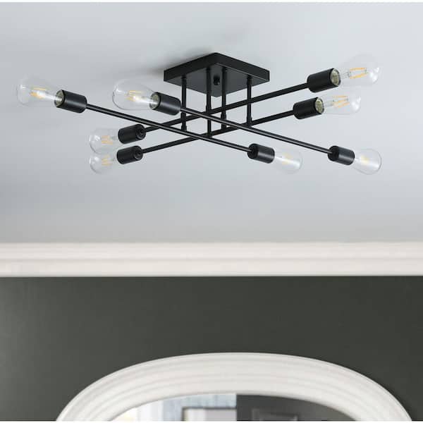 27.1in. 8-Light Black Sputnik Modern Linear Semi-Flush Mount