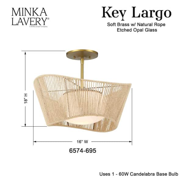 Key Largo 16 in. 1-Light Soft Brass Semi-Flush Mount with Etched Opal Glass and Natural Rope Shade