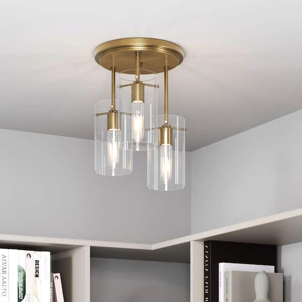 Ophelia Semi Flush Mount Ceiling Light, 15 in. Gold 3-Light Kitchen Fixture with Glass Shade