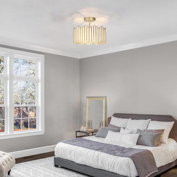 Modern 13 in. 3-Light Gold Drum Semi-Flush Mount with White Stained Glass Shade