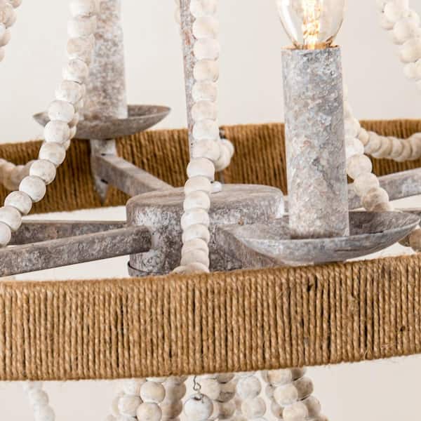 Farmhouse 6-Light Distressed White Wood Beaded Bohemia Chandelier with Adjustable Chain
