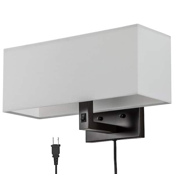 2-Light Oil-Rubbed Bronze Finish Hardwired and Plug in Wall Sconce with Linen Shade