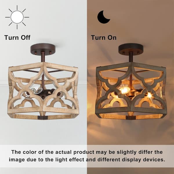 Farmhouse Hexagon Antique Wood Semi-Flush Mount, Geometric 3-Light Brown Kitchen Ceiling Light with Rusty Metal Accents