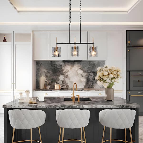 Echonalyri Modern Island 3-Light Glam Matte Black and Plating Brass Chandelier with Geometric Textured Glass Shades