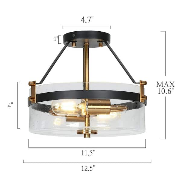 Modern Farmhouse Black Semi-Flush Mount, 12.5 in. 2-Light Plated Gold Kitchen Ceiling Fixture Light with Seeded Glass