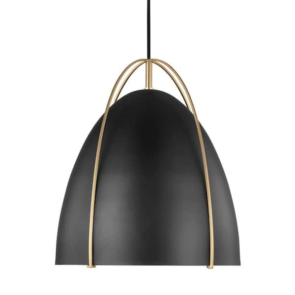 Norman 1-Light Satin Brass Modern Industrial Hanging Pendant with Black Metal Shade