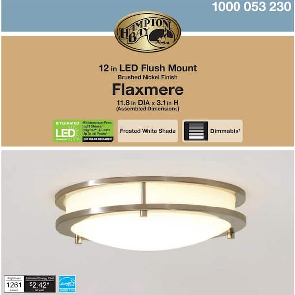 Flaxmere 12 in. Brushed Nickel Dimmable LED Integrated Flush Mount with Frosted White Glass Shade