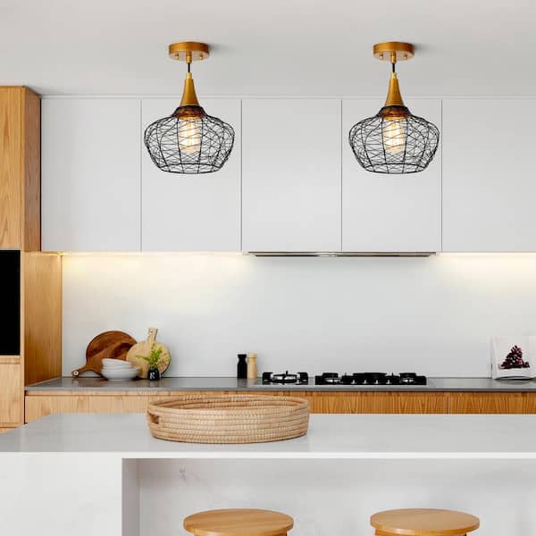 Modern Cage Ceiling Light Lirin 1-Light Brushed Gold Farmhouse Dome Semi-Flush Mount Light with Black Metal Shade