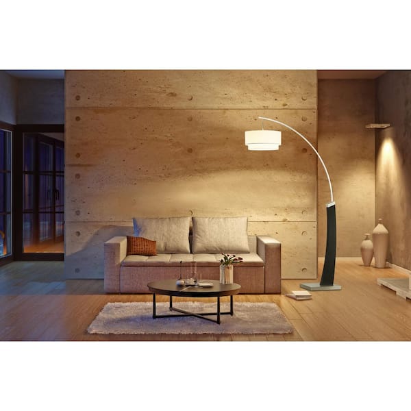 Katerina 81 in. Double Shade LED Arched Floor Lamp with Modern Steel and Wood Base and Dimmer