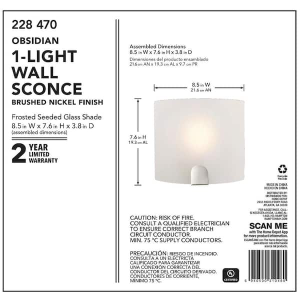 Obsidian 1-Light Brushed Nickel Sconce with Frosted Glass Shade