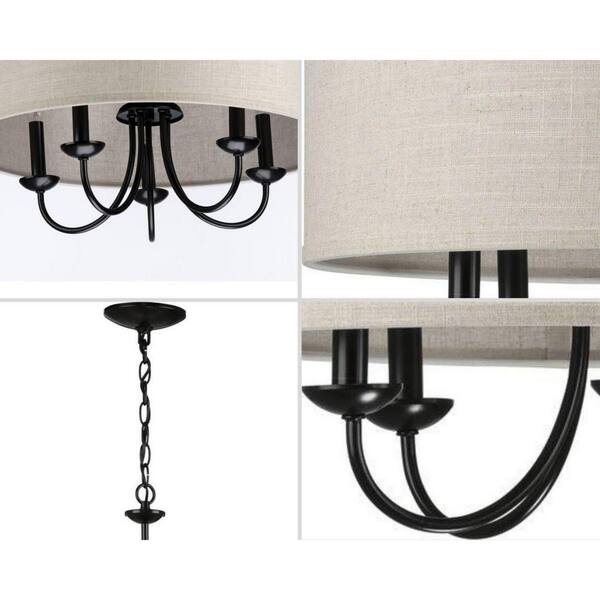 Drum Shade Collection Farmhouse 21-5/8 in. 5-Light Matte Black with Harvest Linen Shade Chandelier Light