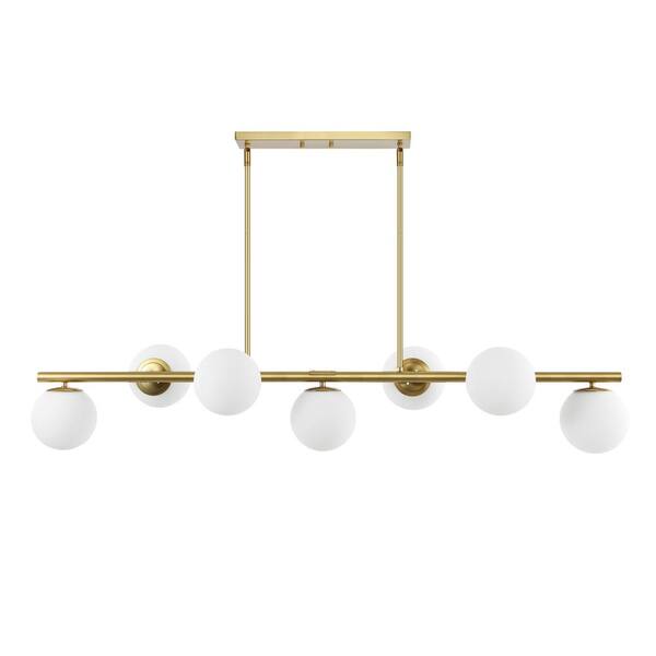 Luca Parisian 53 in. 7-Light Brass Gold/White Modern Glam Iron Globe Linear LED Pendant, Brass Gold