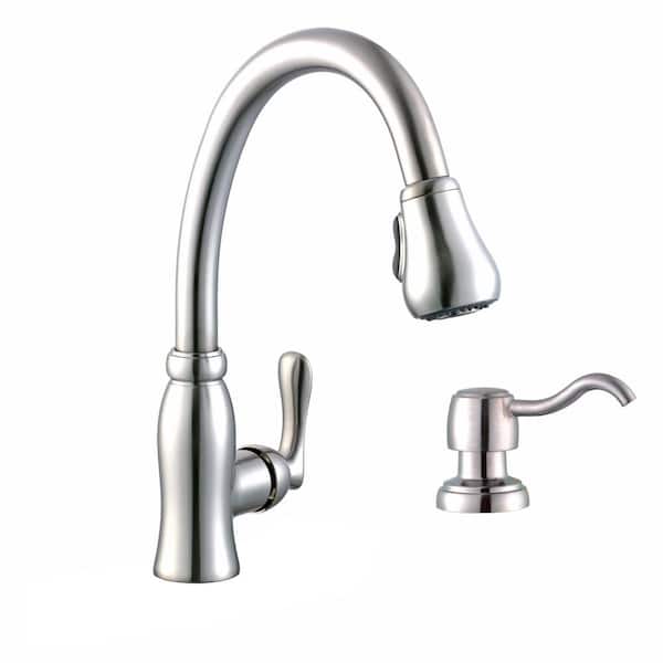 Pavilion Single-Handle Pull-Down Sprayer Kitchen Faucet with Soap Dispenser in Stainless Steel