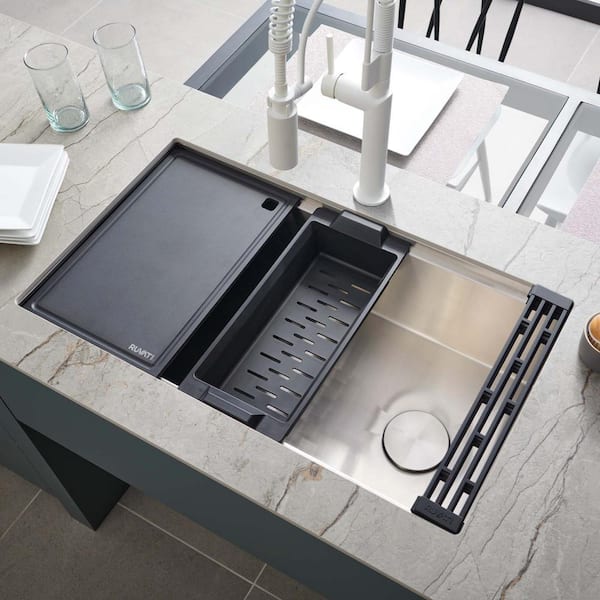 Veniso Nova 16 Gauge Stainless Steel 30 in. Single Bowl Undermount Workstation Kitchen Sink Slope Bottom Offset Drain