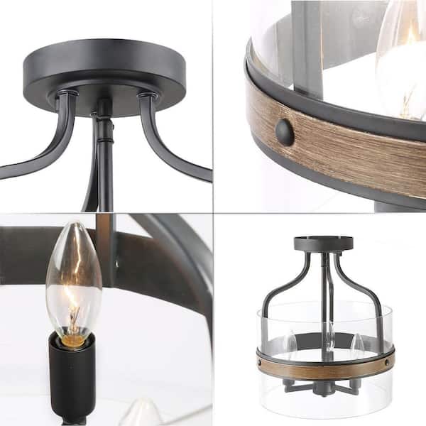 Modern Farmhouse Black Drum 3-Light Candlestick Semi-Flush Mount Ceiling Light with Faux Wood Accent Clear Glass Shade