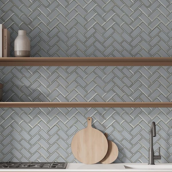 Ice Bevel Herringbone 13 in. x 11 in. Glossy Glass Mesh-Mounted Mosaic Tile (10.6 sq. ft. / case)