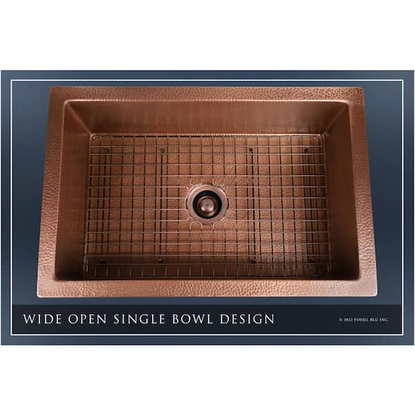 Luxury Medium Patina 12-Gauge Copper 33 in. Single Bowl Farmhouse Apron Kitchen Sink with Accs and Flat Front