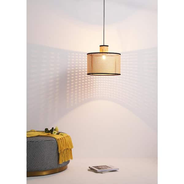 Modern Bohemian 1-Light 2-Tier Pendant Light, PVC Rattan Shade With Velvet Rim