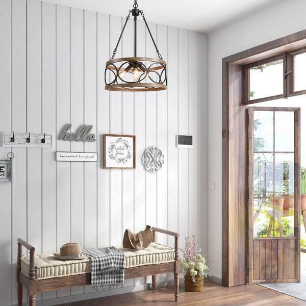 Brown Drum Chandelier, 4-Light Black Cage Farmhouse Chandelier Dining Room Pendant Light with Wood Accents